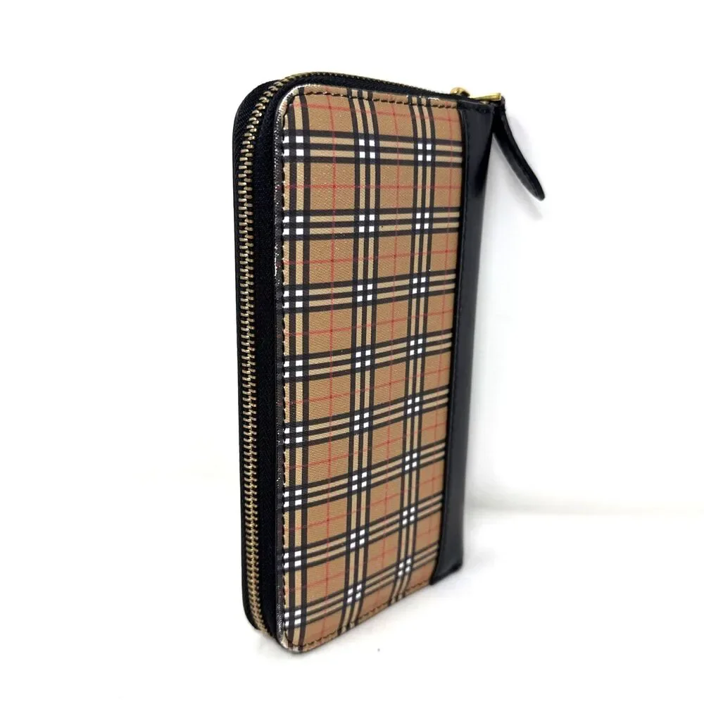 VTG Burberry Zip Around Wallet Clutch Black Leather House Check Canvas Preppy